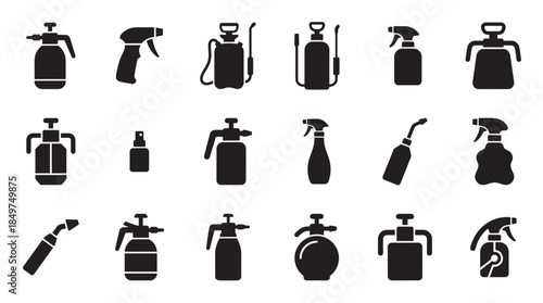 Collection of black sprayer bottle icons in various shapes and sizes for gardening, cleaning, and cosmetic use, presented as a minimalist glyph and symbol set for graphic design