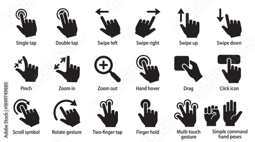 Set of black vector icons showing touchscreen hand gestures for user interface navigation, including tap, swipe, pinch, zoom, rotate, drag, and scroll for mobile applications