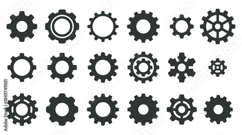 Large collection of dark grey gear and cogwheel icons in various simple flat designs, representing concepts of mechanics, engineering, and industrial processes
