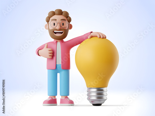 3d cartoon character holding lightbulb, isolated on white background