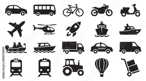 Large set of black transportation icons with a distressed grunge texture includes various vehicles for land, air, and sea travel like cars, airplanes, ships, and trains