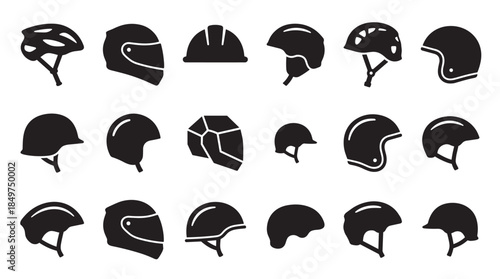Diverse collection of black helmet icons representing safety gear for various activities like cycling, motorcycling, and construction in a minimalist graphic style