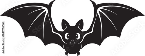 Cute cartoon black bat silhouette with wide open wings and big eyes for Halloween or spooky themes white also transparent background