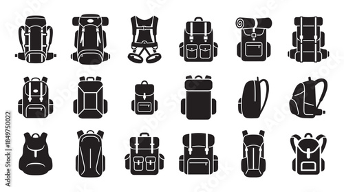 Large collection of black backpack icons showing various styles for hiking, travel, and school in a flat silhouette design, representing outdoor adventure and tourism equipment