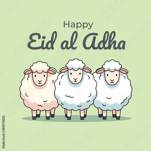 Happy Eid al Adha greeting with cute cartoon sheep illustration.