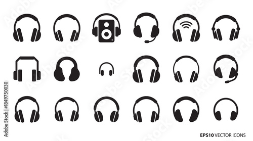 Large set of black headphone vector icons showing various styles like wireless, gaming headsets with microphones, and audio listening devices in a simple flat silhouette design