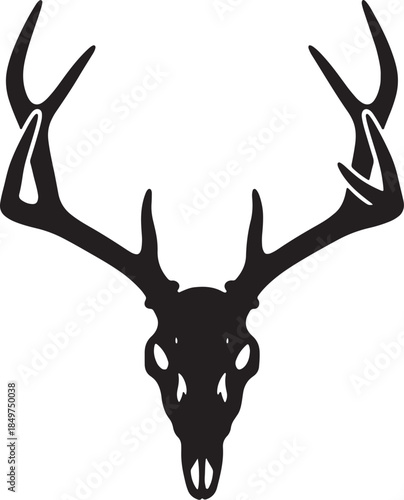 Frontal silhouette of a deer skull with large, branching antlers against a white background, symbolizing nature and wildlife also transparent background