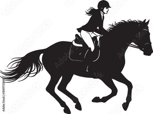 Dynamic black silhouette of a female equestrian rider in full attire galloping on a powerful horse, capturing the essence of horse riding also transparent background