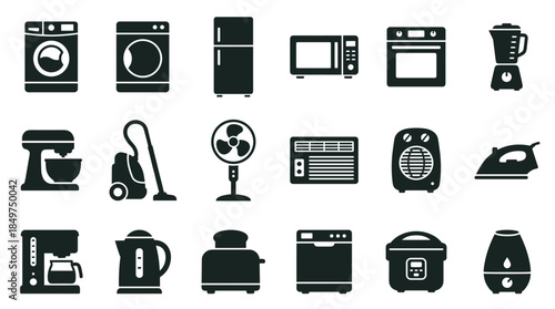 Large set of black household appliance icons including a washing machine, refrigerator, microwave, and vacuum cleaner in a minimalist glyph style for web and print design