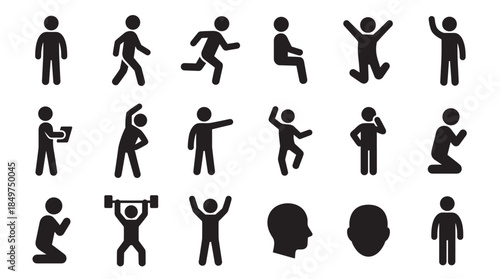 Large set of black human pictograms showing people in various poses and activities like walking, running, jumping, sitting, and lifting weights in a simple graphic style