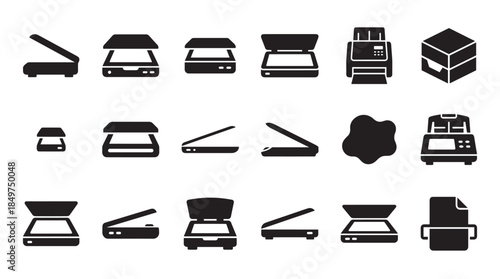 Collection of black scanner icons and office equipment symbols presented in a minimalist glyph style, showing various designs for digital document scanning and printing technology