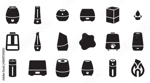 Collection of black glyph icons representing various humidifiers, air diffusers, and aroma vaporizers for home wellness and air purification in a minimalist flat design style