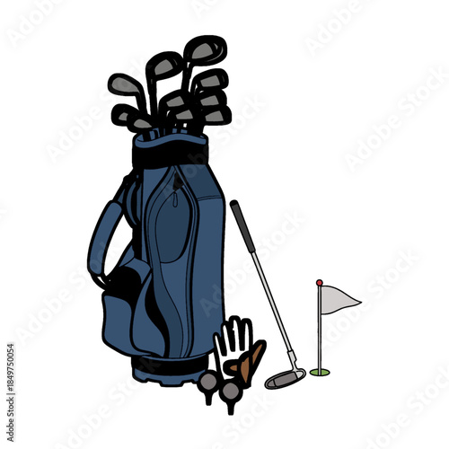 A set of golf equipment. Golf clubs and balls. Retro monochrome vector illustration.