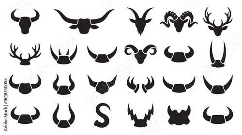 Large collection of black animal horn and antler silhouettes featuring various species like bulls, goats, rams, and deer in a minimalist graphic icon set