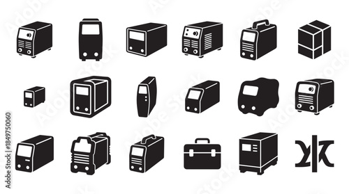 Welding machine black glyph icon collection showing various industrial equipment designs for metal fabrication, including inverter, portable, and stationary models in a minimalist vector style