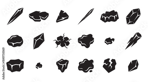Set of black rock and crystal icons showing various shapes of minerals, stones, gems, and ore in a simple graphic silhouette style for geology or mining concepts
