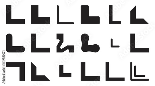 Diverse collection of black L-shaped geometric and abstract forms arranged in a grid, showcasing various design styles from sharp angles to rounded and fluid curves