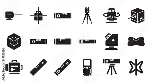 Set of black solid glyph icons representing various laser levels, spirit levels, and other construction measurement tools used for alignment, building, and renovation