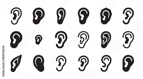 Set of black human ear icons in various minimalist styles, a collection of simple graphic pictograms representing hearing, listening, and audiology