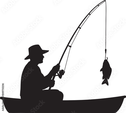 Silhouette of a fisherman in a hat sitting in a boat, casting a fishing rod with a fish on the hook black also transparent background