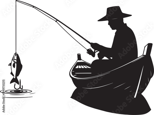 Silhouette of a fisherman in a hat sitting in a boat, casting a fishing rod with a fish caught on the hook above rippling water also transparent background