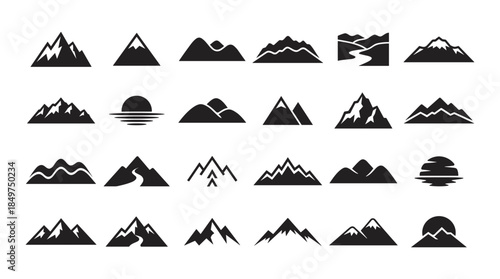 Collection of black mountain silhouette icons featuring various peaks, ranges, hills, and nature scenes for graphic design, logos, and adventure-themed projects