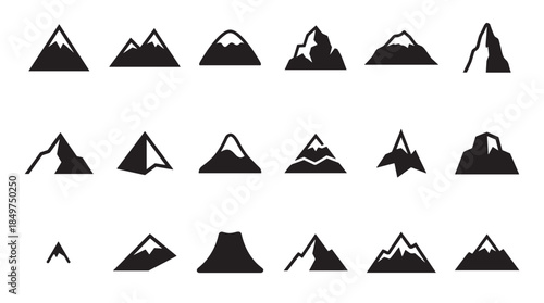 Set of eighteen black mountain icons with diverse shapes and styles, including simple triangles, snowy peaks, and rugged rock formations in a clean, minimalist vector illustration