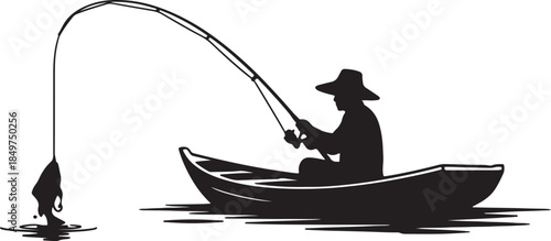 Silhouette of a lone fisherman in a hat casting a fishing line from a small boat on the water with a splash also transparent background