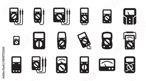 Collection of black multimeter icons showing various digital and analog models for electrical testing and measurement, presented in a clean, minimalist graphic vector style