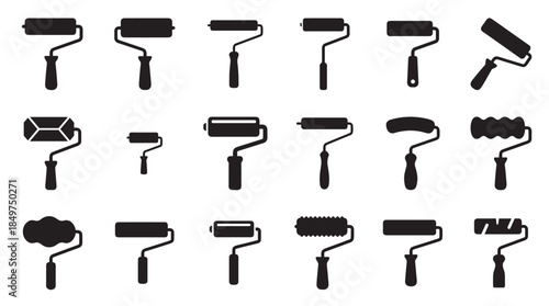 Comprehensive collection of black paint roller icons, showcasing a variety of tool shapes and designs for painting and home improvement tasks
