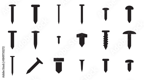 Collection of black nail and screw silhouettes showing various types of fasteners like tacks, brads, and wood screws in a minimalist graphic icon set for construction concepts