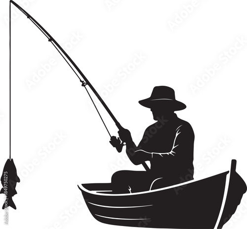 Silhouette of a man wearing a hat, seated in a boat, holding a fishing rod with a fish dangling from the hook over the water also transparent background