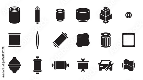 Set of black silhouette car filter icons showing various types of automotive parts for engine maintenance and vehicle repair, presented in a clean, minimalist graphic style