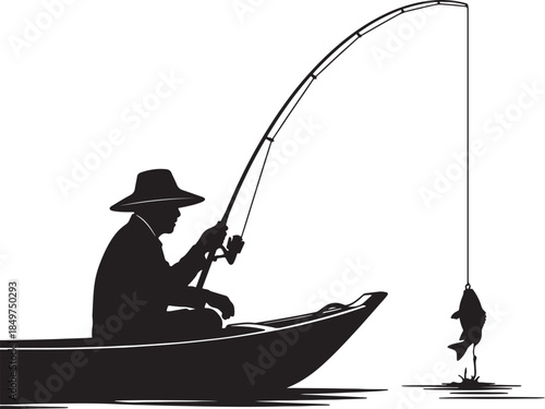 Silhouette of a person in a hat sitting in a boat, holding a fishing rod with a fish caught on the hook above the water's surface also transparent background