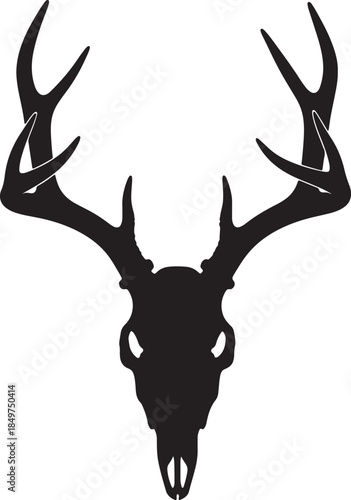 Stylized black silhouette of a deer skull with large, branching antlers against a white background horns also transparent background