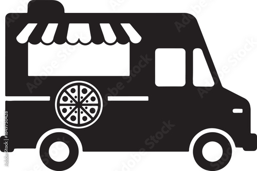 Stylized black silhouette of a food truck with a striped awning, a window, and a pizza on its side black and white also transparent background