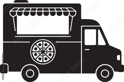Stylized black silhouette of a food truck with a pizza on its side and a striped awning over a service window, ready for street service also transparent background