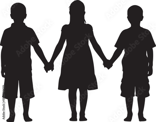 Three children silhouettes holding hands in unity and friendship, representing childhood innocence and connection also transparent background
