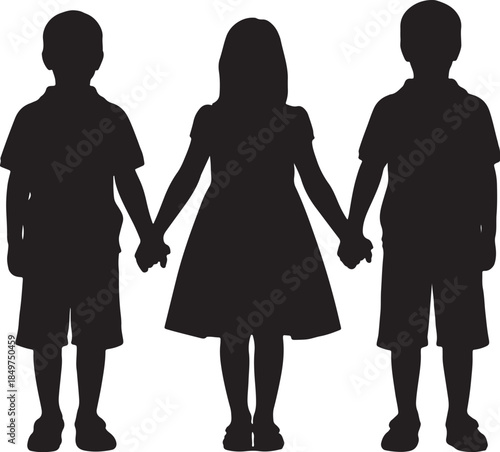 Three children silhouettes holding hands together in a studio setting with a white background representing unity and friendship also transparent background
