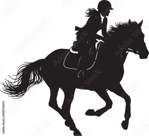 Silhouette of a female equestrian rider on a galloping horse in full stride showcasing dynamic movement and athletic grace against a clean white background also transparent background