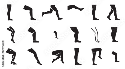 Black silhouette icons set of human legs in various poses and actions like walking, running, and standing, showcasing a diverse collection of shapes and movements