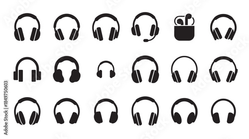 Collection of black headphone and earphone icons in various styles, including a headset with a microphone and wireless earbuds, presented as a minimalist glyph set for audio concepts