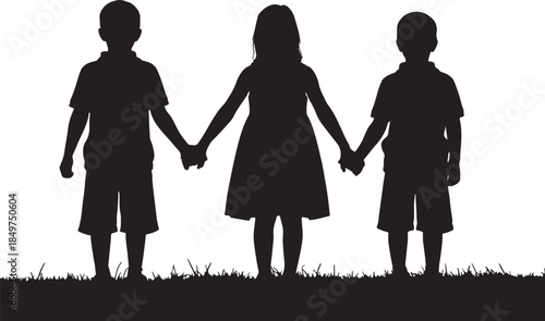 Silhouette of three children holding hands standing in a grassy field, two boys and one girl, representing friendship, unity, and childhood innocence against a clean white also transparent background