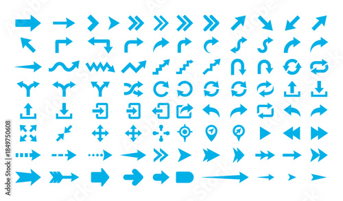 Large collection of blue arrow icons in various styles, including pointers, cursors, and navigation symbols for indicating direction, movement, and user interface actions