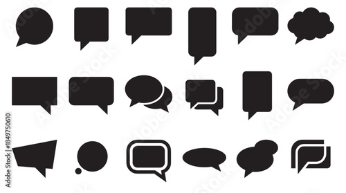 Collection of black speech bubble icons in various shapes and sizes for communication and dialogue concepts, featuring circles, squares, and cloud forms in a minimalist flat design
