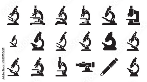 Collection of black microscope silhouette icons in various styles for scientific and laboratory concepts, representing research, biology, and discovery in a flat graphic illustration set