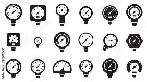 Set of black pressure gauge icons in a minimalist glyph style showing various designs for industrial measurement, control panels, and equipment monitoring systems