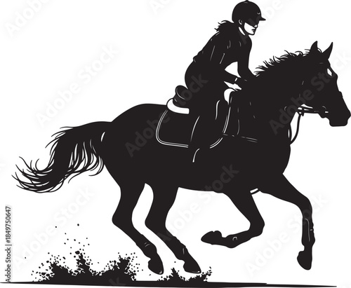 Dynamic silhouette of a female equestrian rider on a galloping horse, kicking up dust and dirt, showcasing the power and grace of horse riding in a sports or action context also transparent background