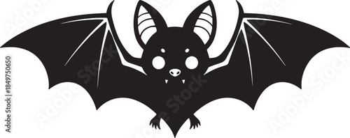 Simple black silhouette of a cute cartoon bat with large, round eyes and wide wings, presented centrally against a white background, Halloween or children's themed also transparent background