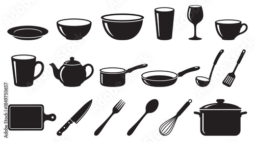 Collection of black kitchenware and tableware icons featuring a variety of cooking and dining utensils such as a pot, pan, knife, fork, spoon, plate, and glass